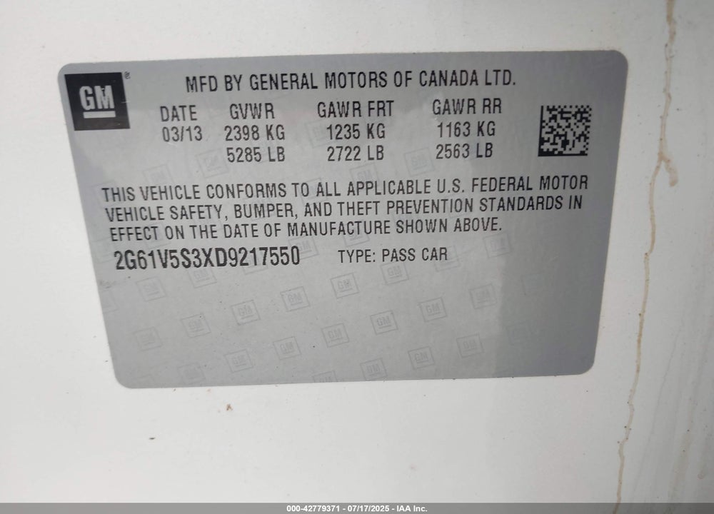 2013 CADILLAC XTS VIN: 2G61V5S3XD9217550