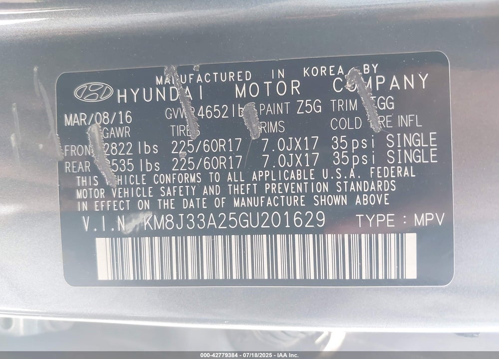 2016 HYUNDAI TUCSON VIN: KM8J33A25GU201629