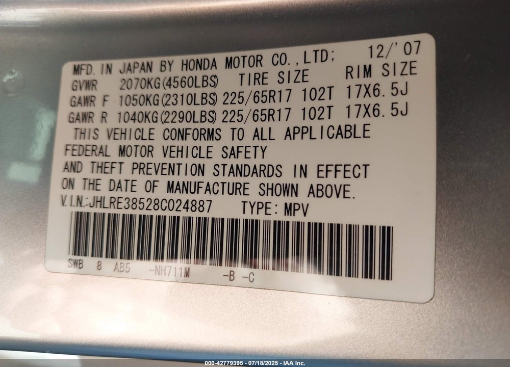 2008 HONDA CR-V VIN: JHLRE38528C024887