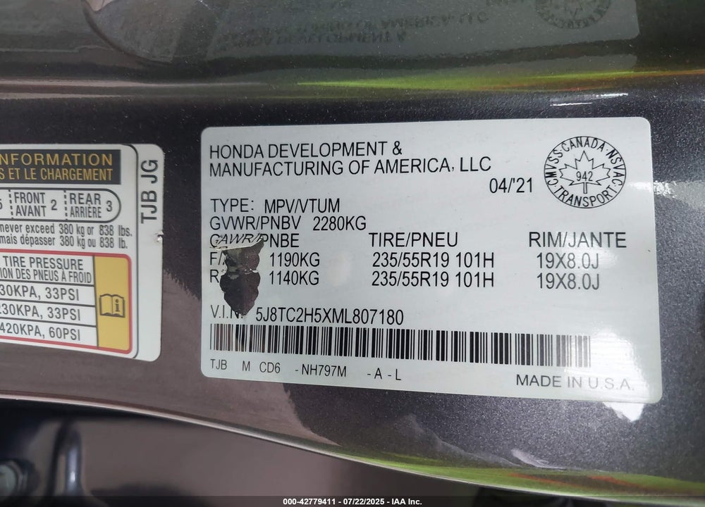2021 ACURA RDX TECHNOLOGY PACKAGE VIN: 5J8TC2H5XML807180