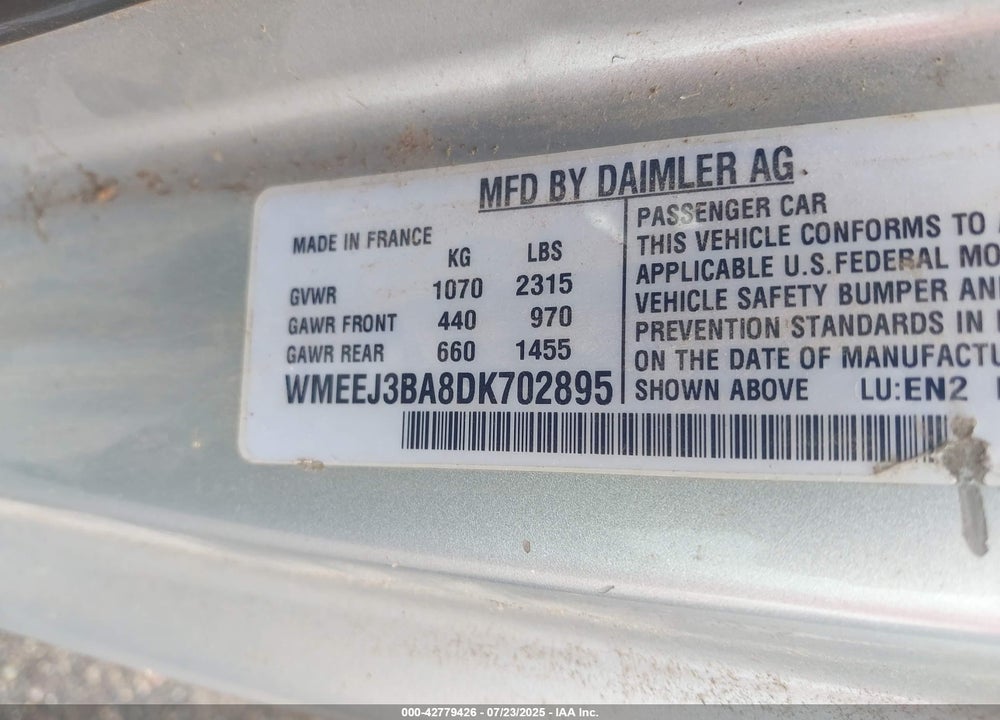 2013 SMART FORTWO VIN: WMEEJ3BA8DK702895