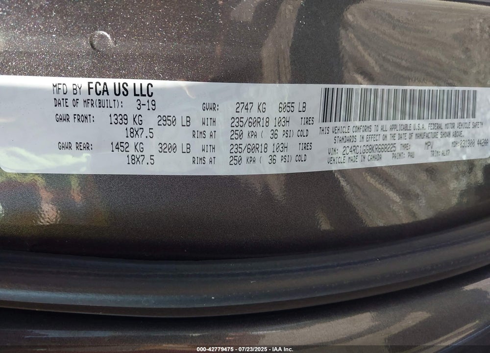 2019 CHRYSLER PACIFICA LIMITED VIN: 2C4RC1GG8KR668225