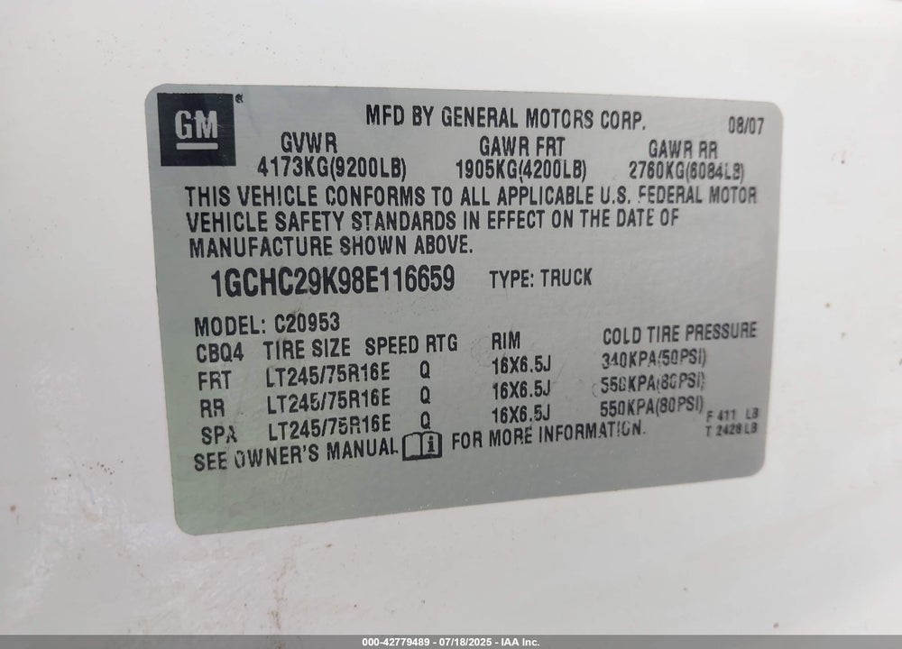 2008 CHEVROLET SILVERADO 2500HD WORK TRUCK VIN: 1GCHC29K98E116659