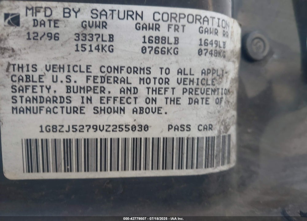 1997 SATURN SL SL2 VIN: 1G8ZJ5279VZ255030