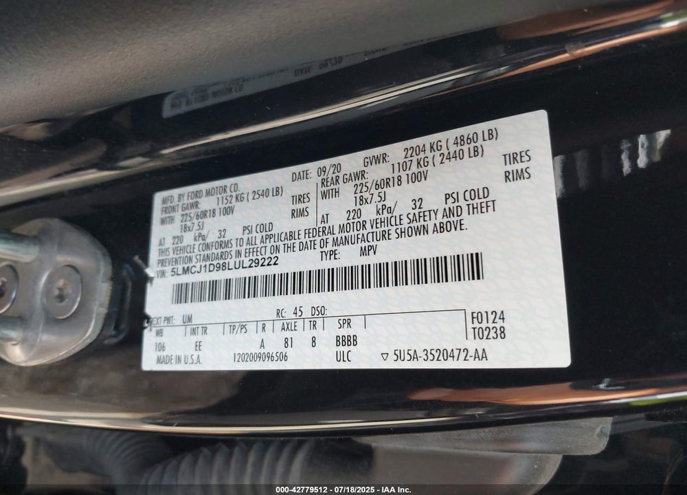 2020 LINCOLN CORSAIR VIN: 5LMCJ1D98LUL29222