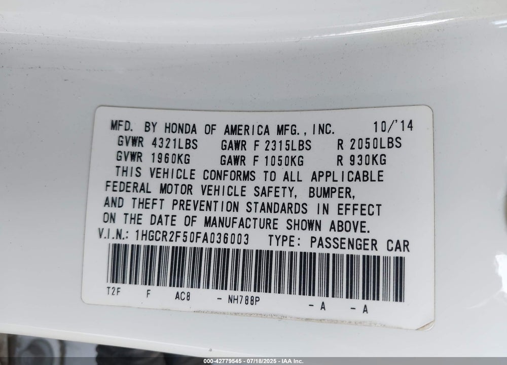 2015 HONDA ACCORD VIN: 1HGCR2F50FA036003