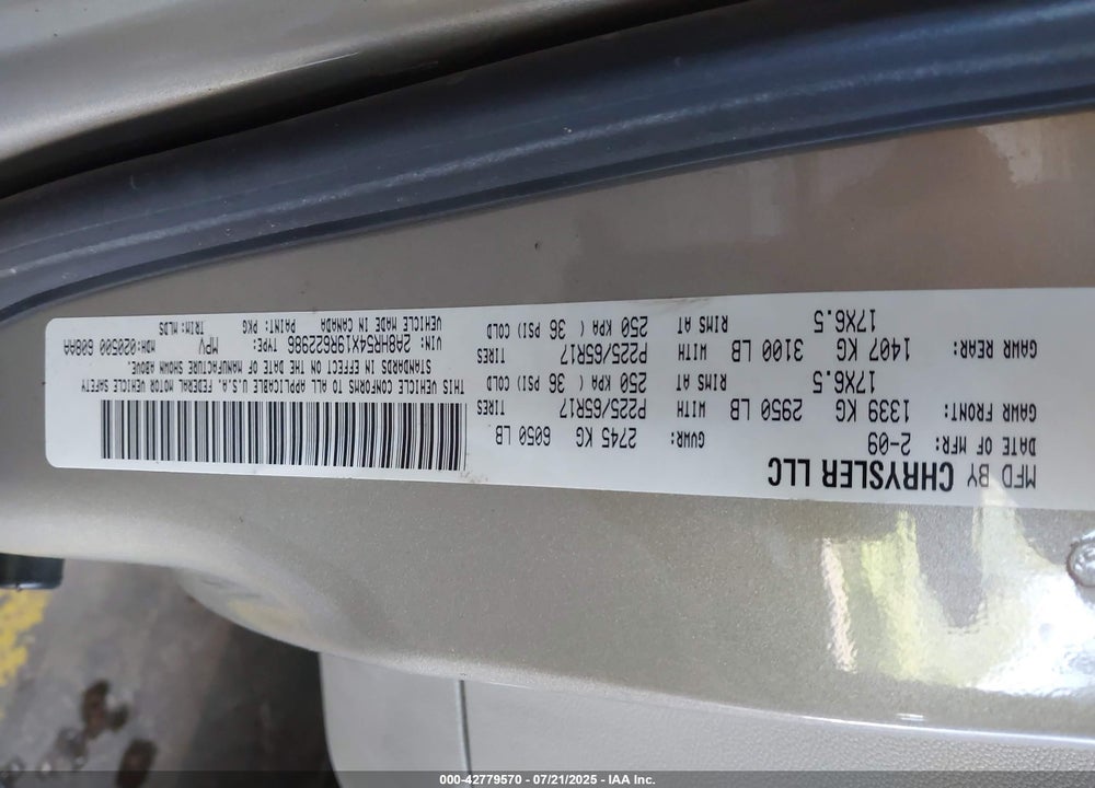 2009 CHRYSLER TOWN & COUNTRY TOURING VIN: 2A8HR54X19R622986