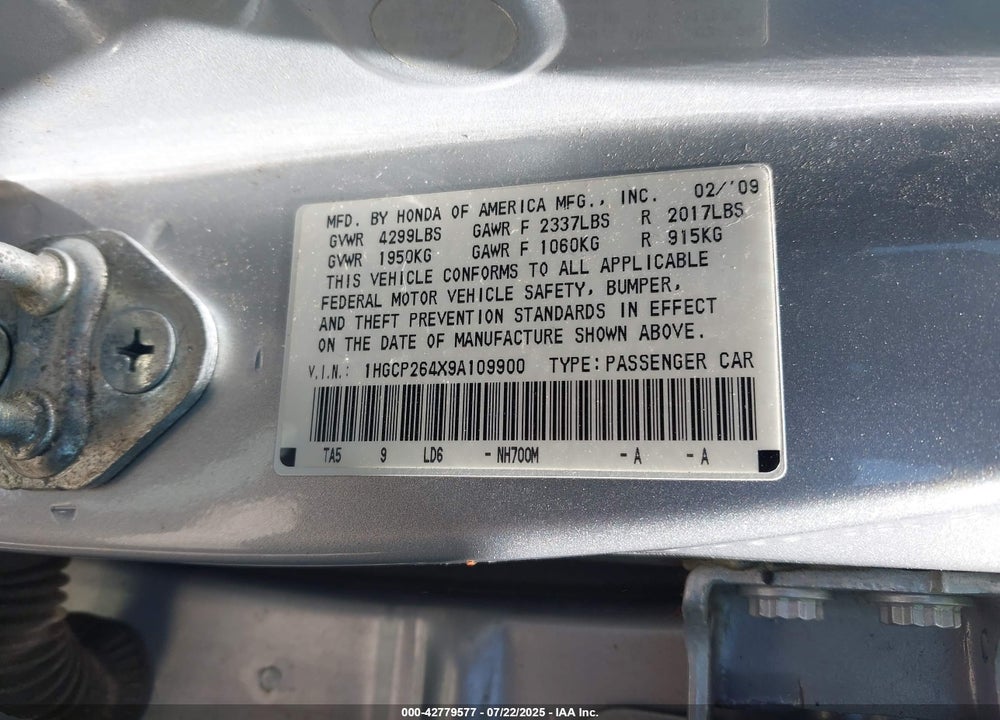 2009 HONDA ACCORD VIN: 1HGCP264X9A109900