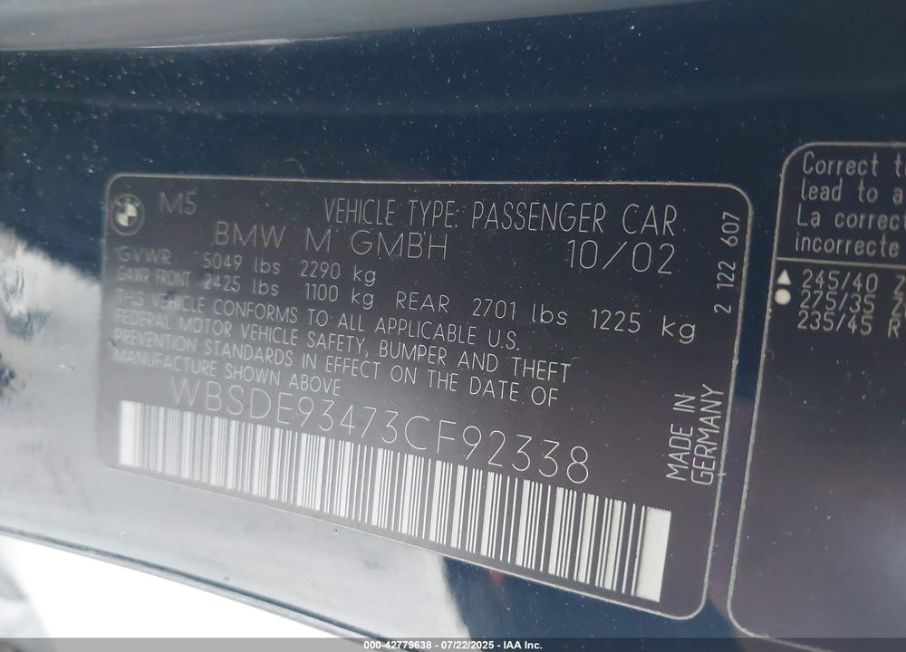 2003 BMW M5 VIN: WBSDE93473CF92338