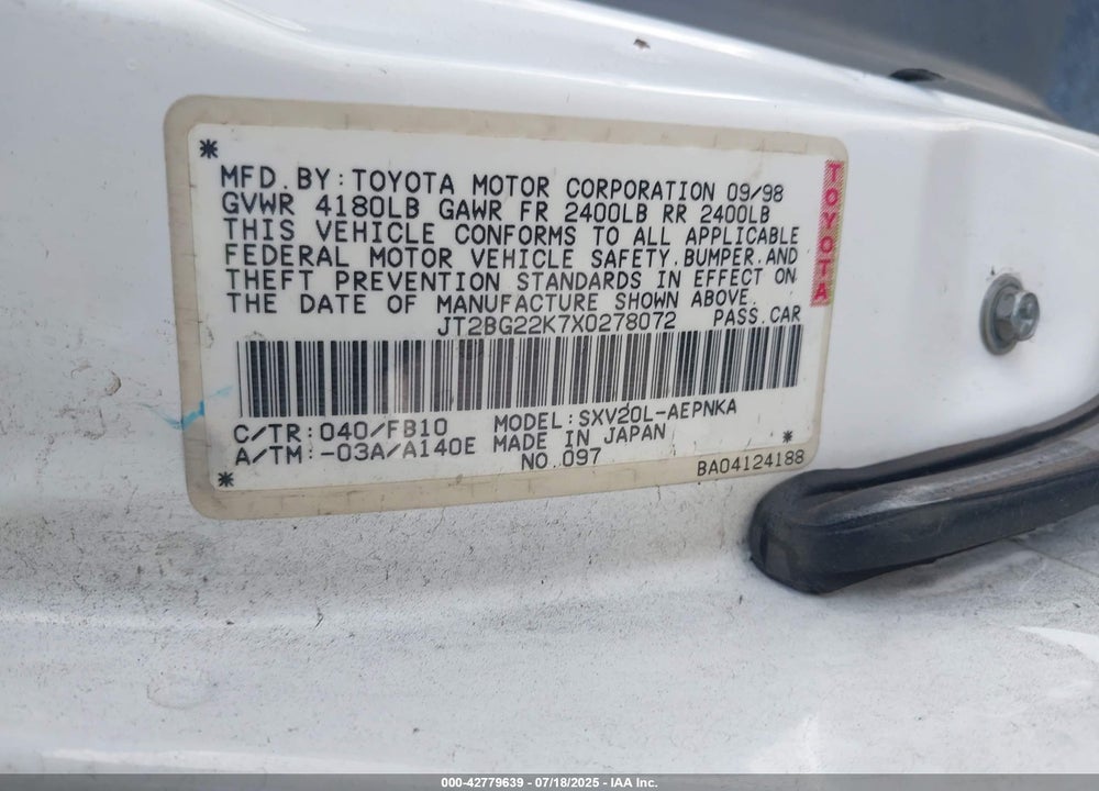 1999 TOYOTA CAMRY LE VIN: JT2BG22K7X0278072
