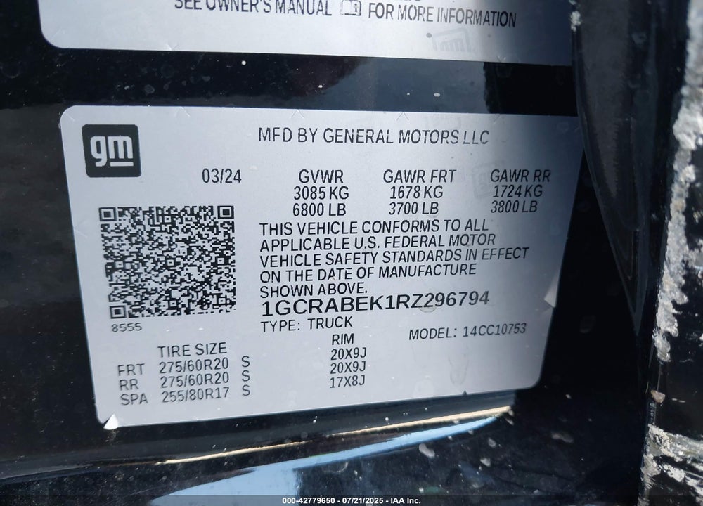 2024 CHEVROLET SILVERADO 1500 VIN: 1GCRABEK1RZ296794