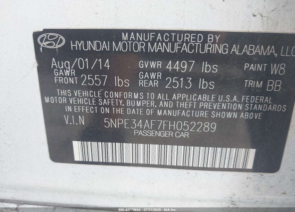 2015 HYUNDAI SONATA SPORT VIN: 5NPE34AF7FH052289