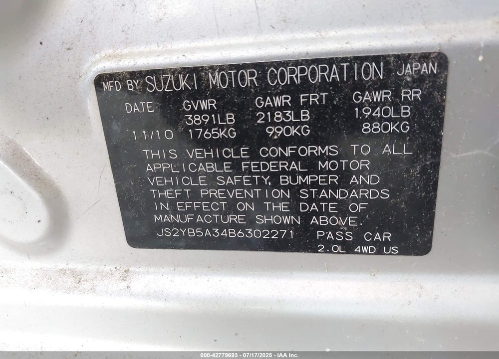 2011 SUZUKI SX4 PREMIUM/TECH VALU PKG (NAV) VIN: JS2YB5A34B6302271