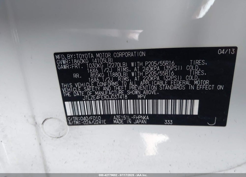 2013 SCION XB VIN: JTLZE4FEXDJ037418