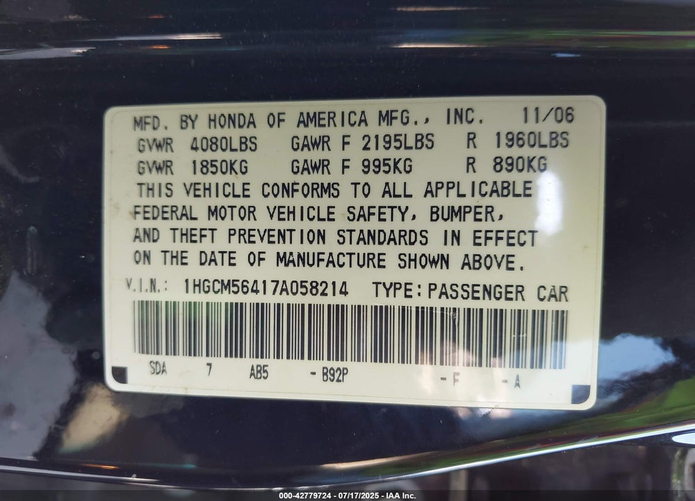 2007 HONDA ACCORD VIN: 1HGCM56417A058214