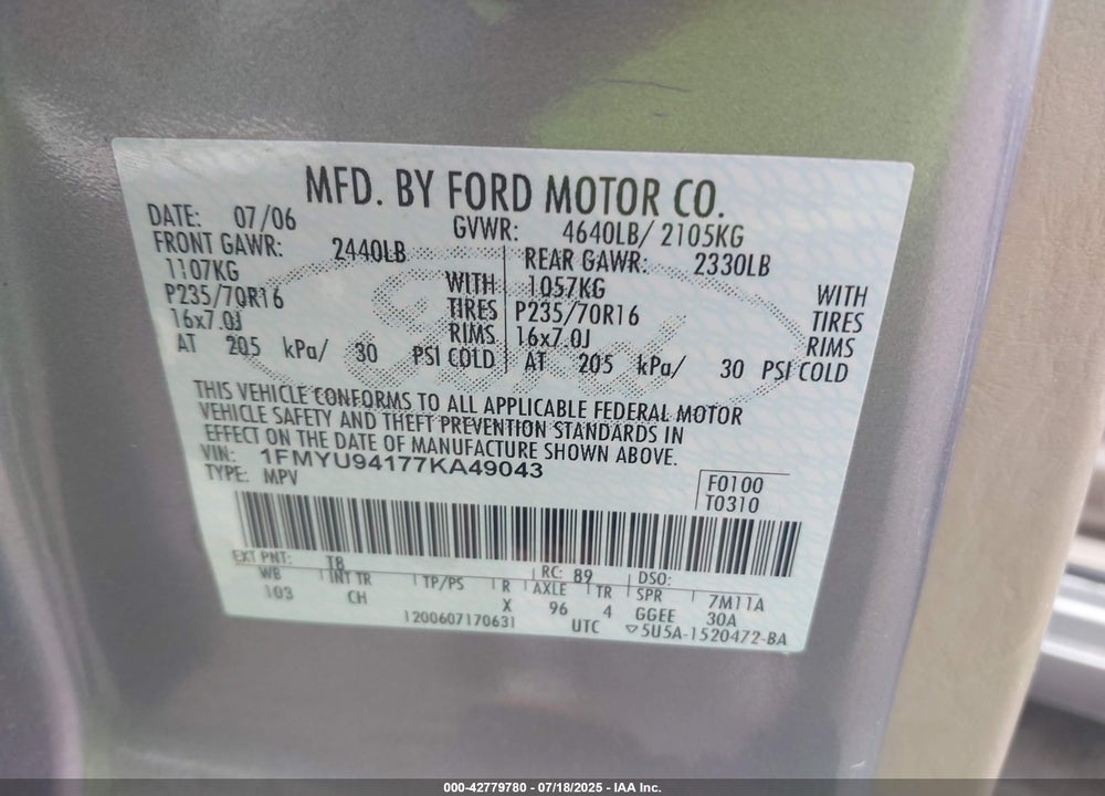 2007 FORD ESCAPE VIN: 1FMYU94177KA49043