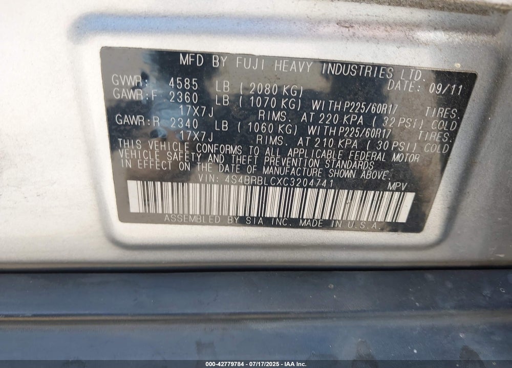 2012 SUBARU OUTBACK VIN: 4S4BRBLCXC3204741
