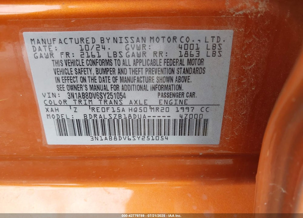 2025 NISSAN SENTRA SR VIN: 3N1AB8DV6SY251054
