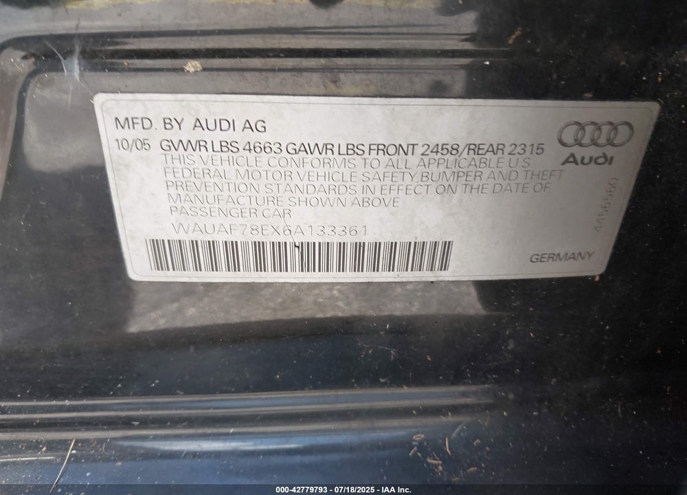 2006 AUDI A4 VIN: WAUAF78EX6A133361
