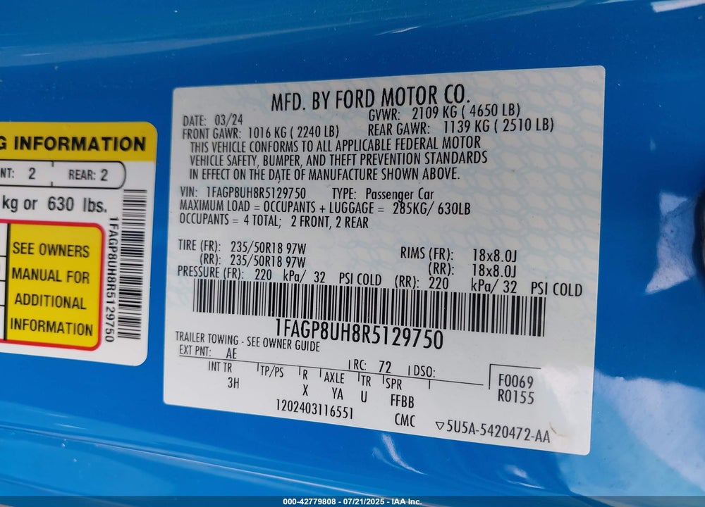 2024 FORD MUSTANG VIN: 1FAGP8UH8R5129750