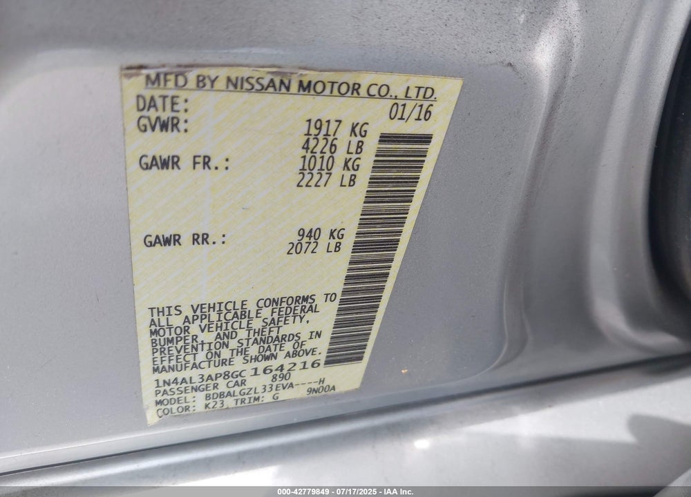 2016 NISSAN ALTIMA VIN: 1N4AL3AP8GC164216