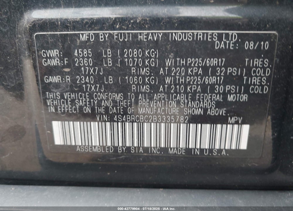 2011 SUBARU OUTBACK VIN: 4S4BRCBC2B3335782