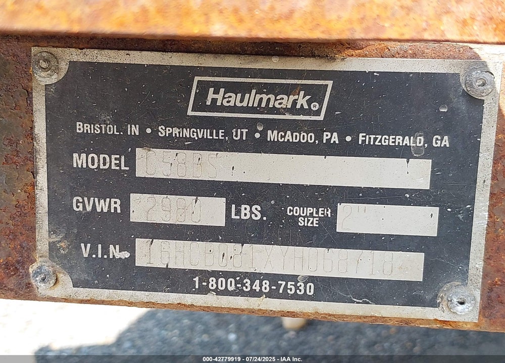 2000 HAUL MARK IND UNKNOWN VIN: 16HCB081XYH068718