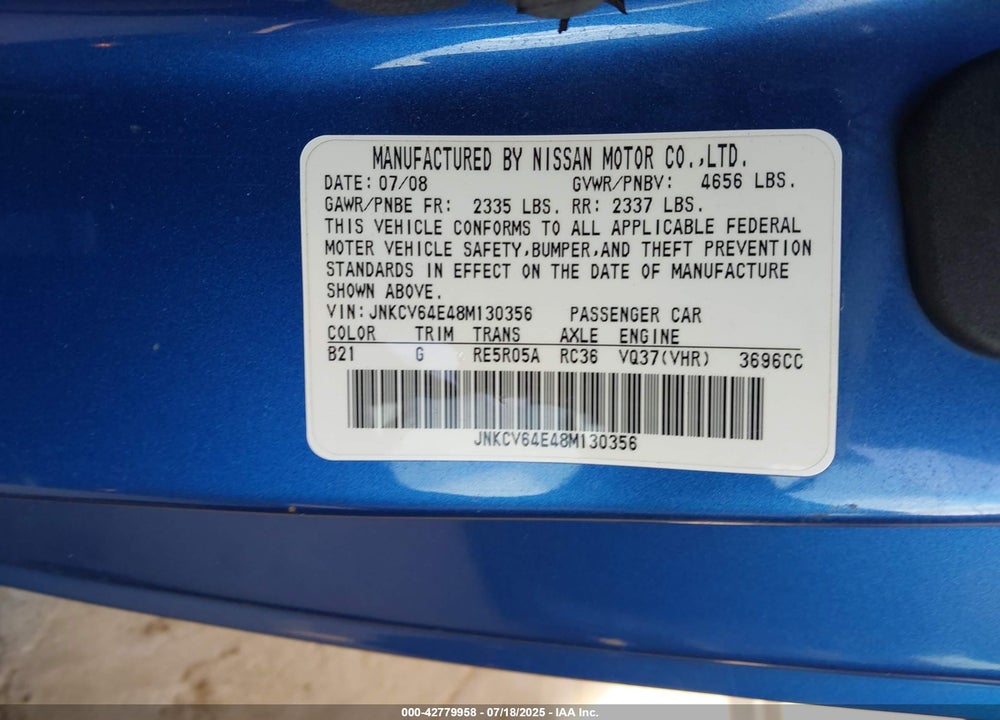 2008 INFINITI G37 VIN: JNKCV64E48M130356
