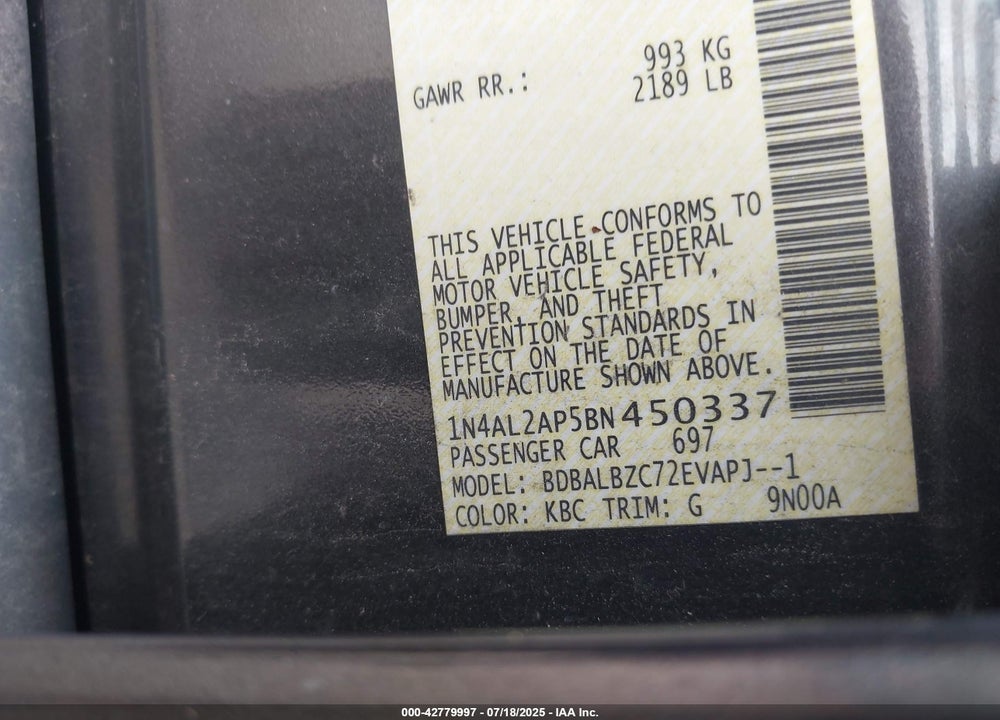 2011 NISSAN ALTIMA VIN: 1N4AL2AP5BN450337