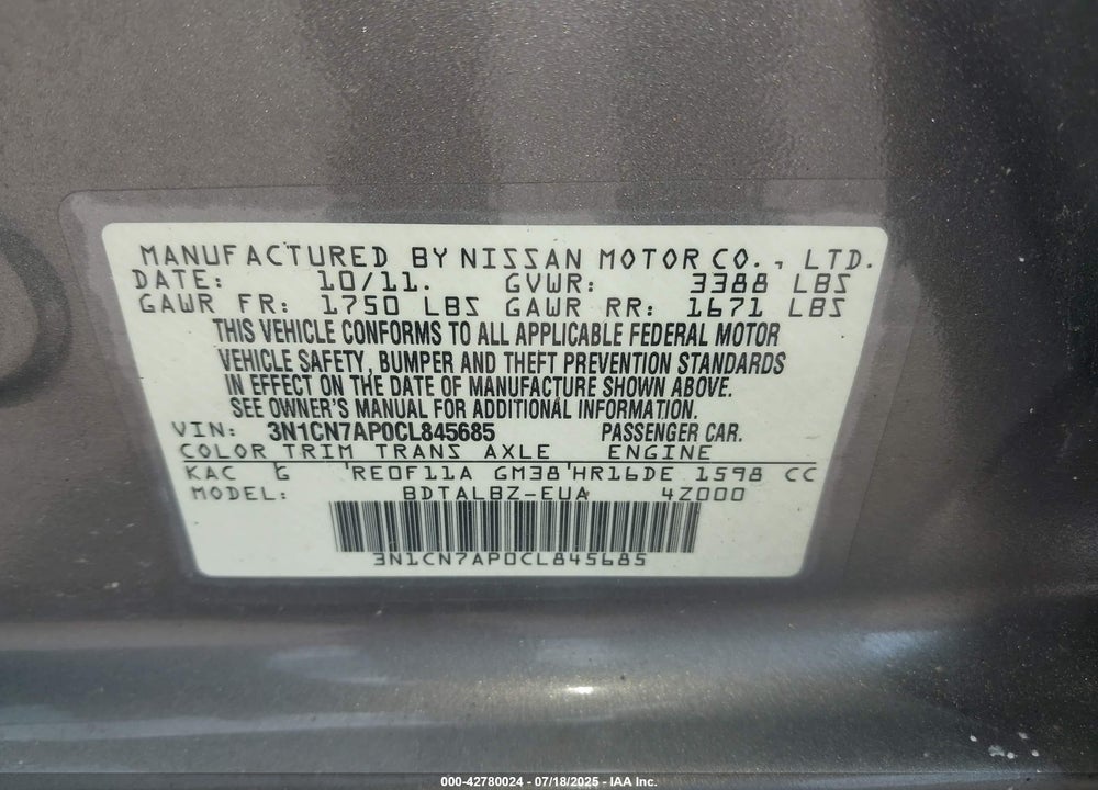 2012 NISSAN VERSA VIN: 3N1CN7AP0CL845685