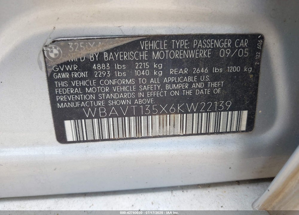 2006 BMW 325XIT VIN: WBAVT135X6KW22139