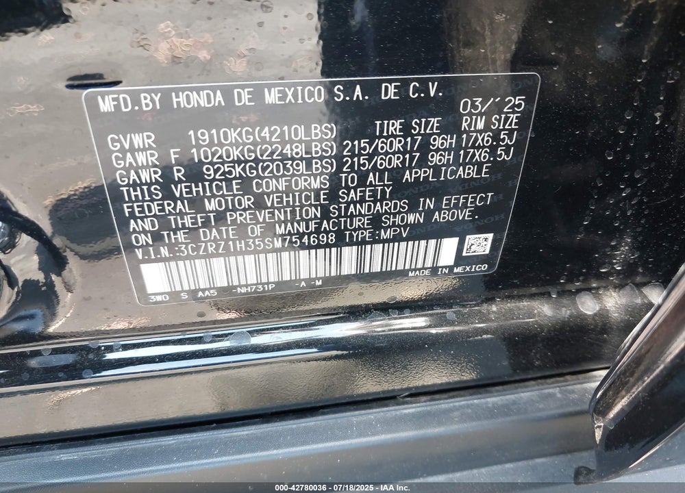 2025 HONDA HR-V VIN: 3CZRZ1H35SM754698
