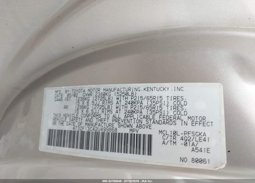 2002 TOYOTA SIENNA VIN: 4T3ZF13C42U499868