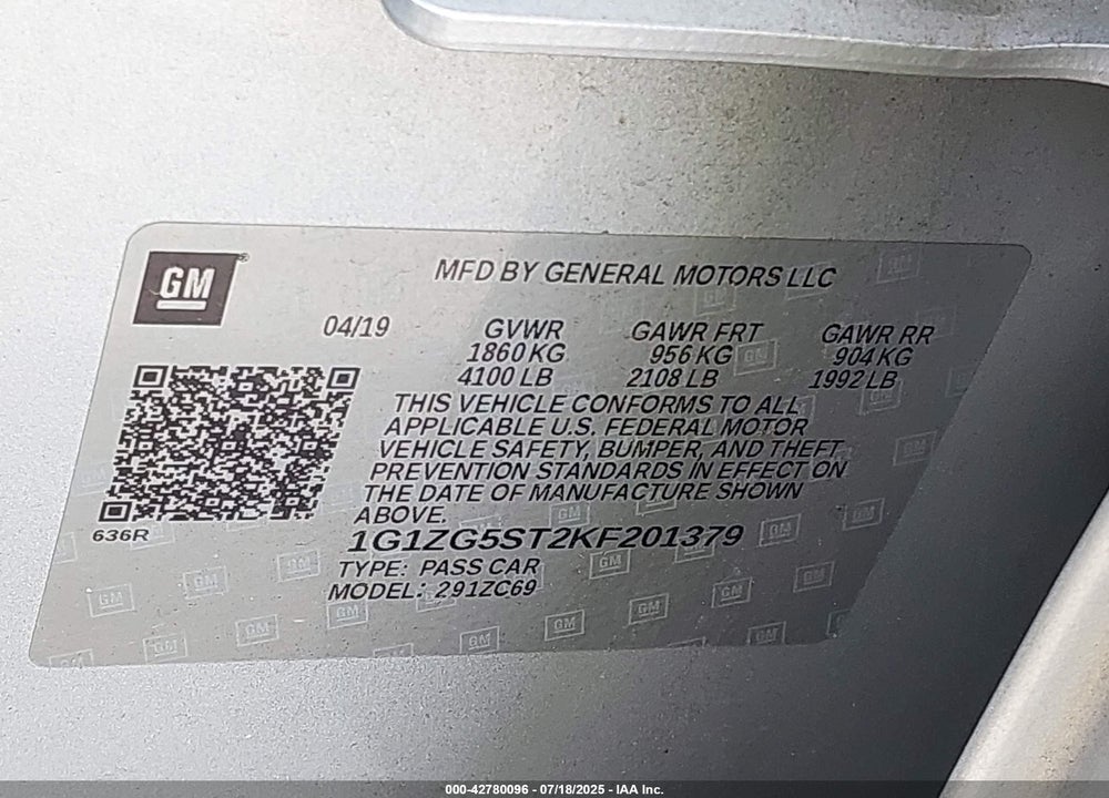 2019 CHEVROLET MALIBU VIN: 1G1ZG5ST2KF201379