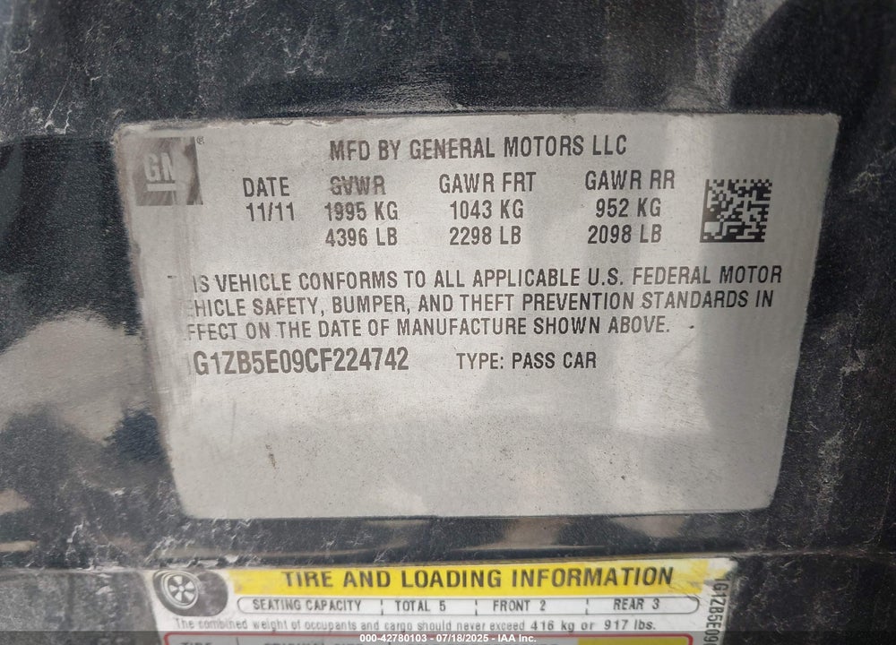 2012 CHEVROLET MALIBU VIN: 1G1ZB5E09CF224742
