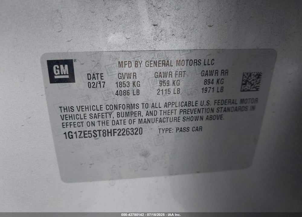 2017 CHEVROLET MALIBU VIN: 1G1ZE5ST8HF226320