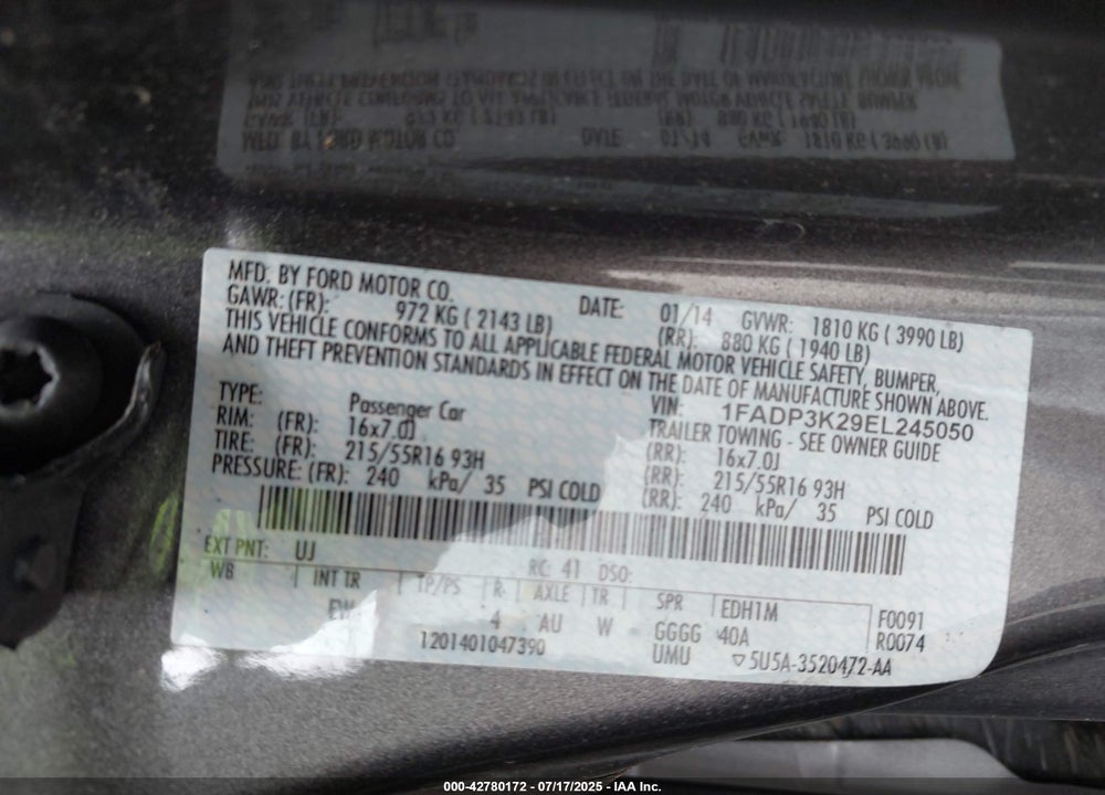 2014 FORD FOCUS VIN: 1FADP3K29EL245050