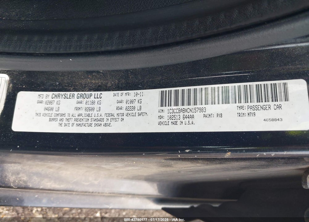 2012 CHRYSLER 200 VIN: 1C3CCBABXCN157983