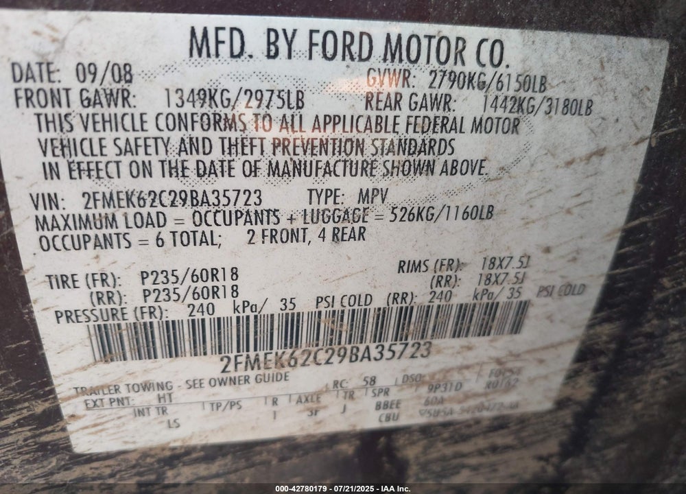2009 FORD FLEX VIN: 2FMEK62C29BA35723