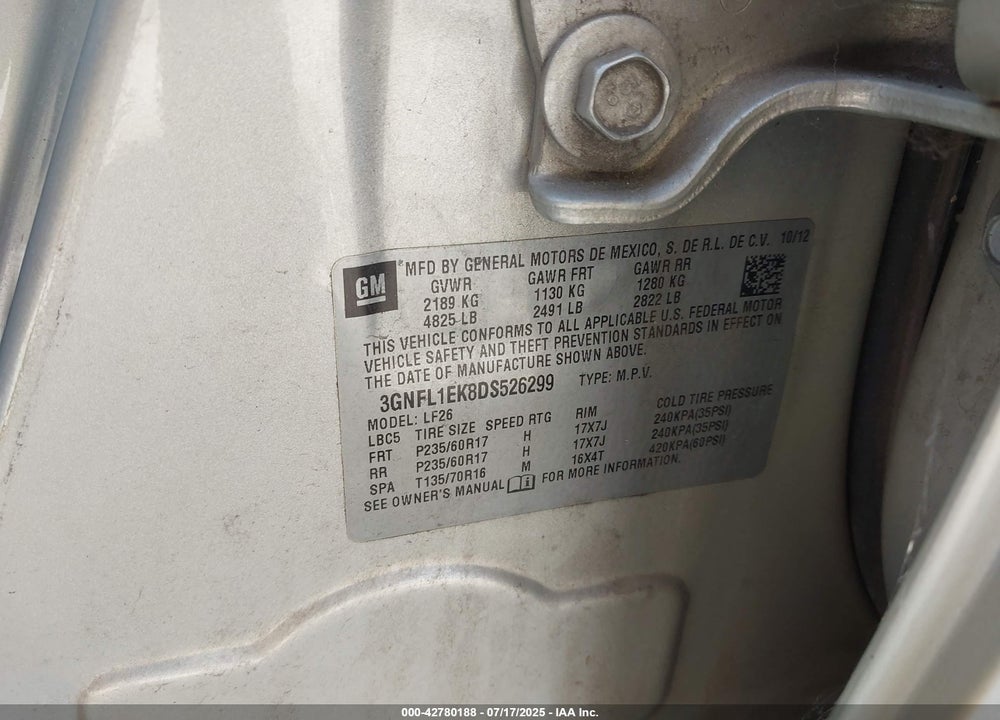 2013 CHEVROLET CAPTIVA SPORT VIN: 3GNFL1EK8DS526299