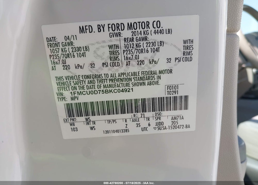 2011 FORD ESCAPE VIN: 1FMCU0D75BKC04921