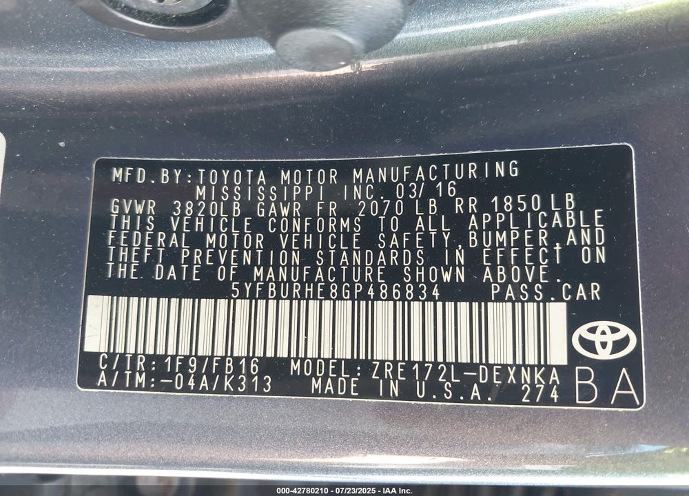 2016 TOYOTA COROLLA VIN: 5YFBURHE8GP486834