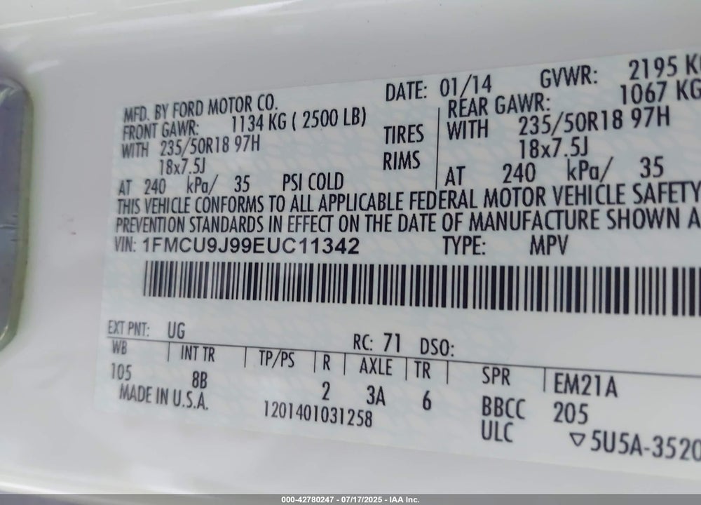 2014 FORD ESCAPE TITANIUM VIN: 1FMCU9J99EUC11342