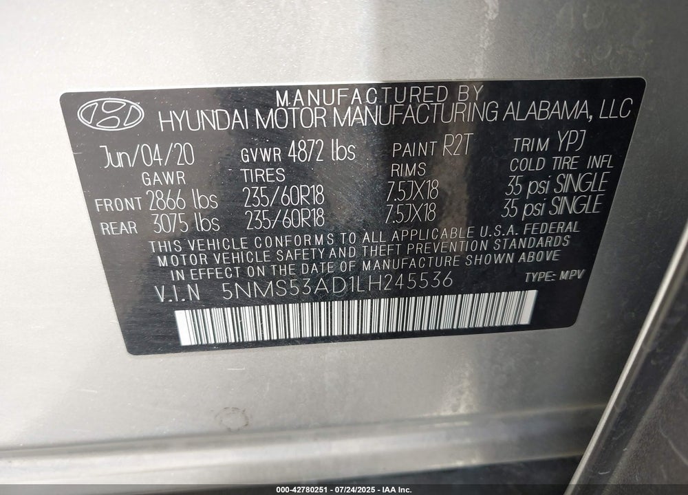 2020 HYUNDAI SANTA FE VIN: 5NMS53AD1LH245536