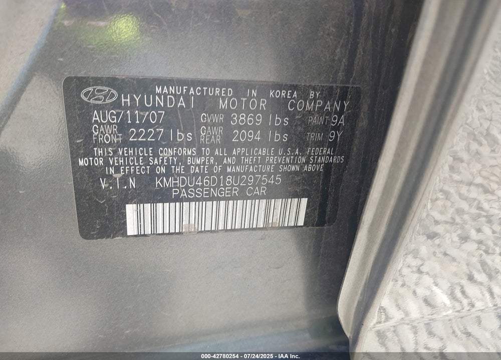 2008 HYUNDAI ELANTRA VIN: KMHDU46D18U297545