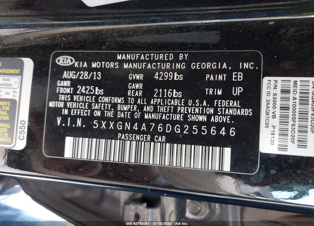 2013 KIA OPTIMA VIN: 5XXGN4A76DG255646