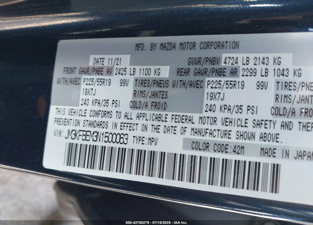 2022 MAZDA CX-5 VIN: JM3KFBEM3N1500063