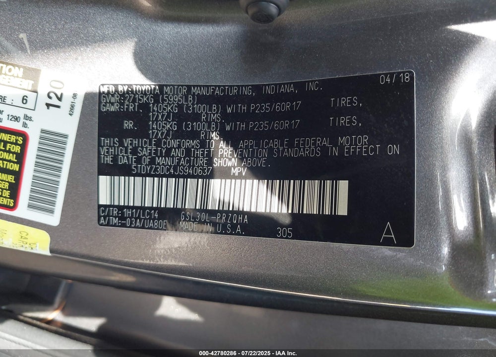 2018 TOYOTA SIENNA VIN: 5TDYZ3DC4JS940637