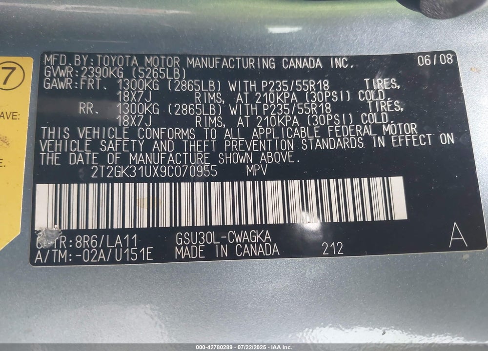 2009 LEXUS RX 350 VIN: 2T2GK31UX9C070955