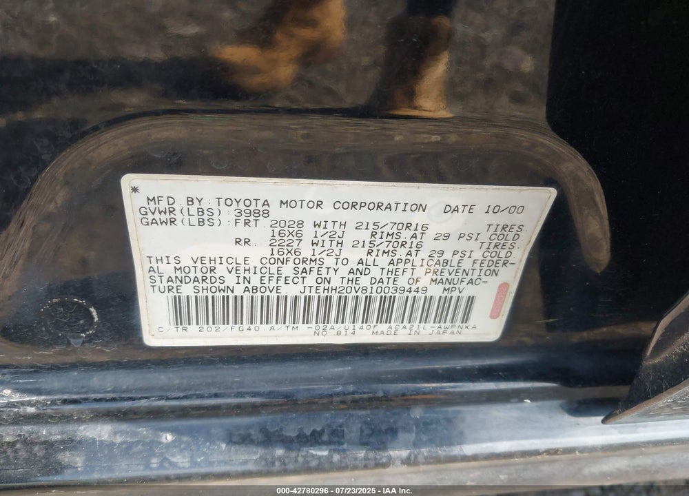 2001 TOYOTA RAV4 VIN: JTEHH20V810039449